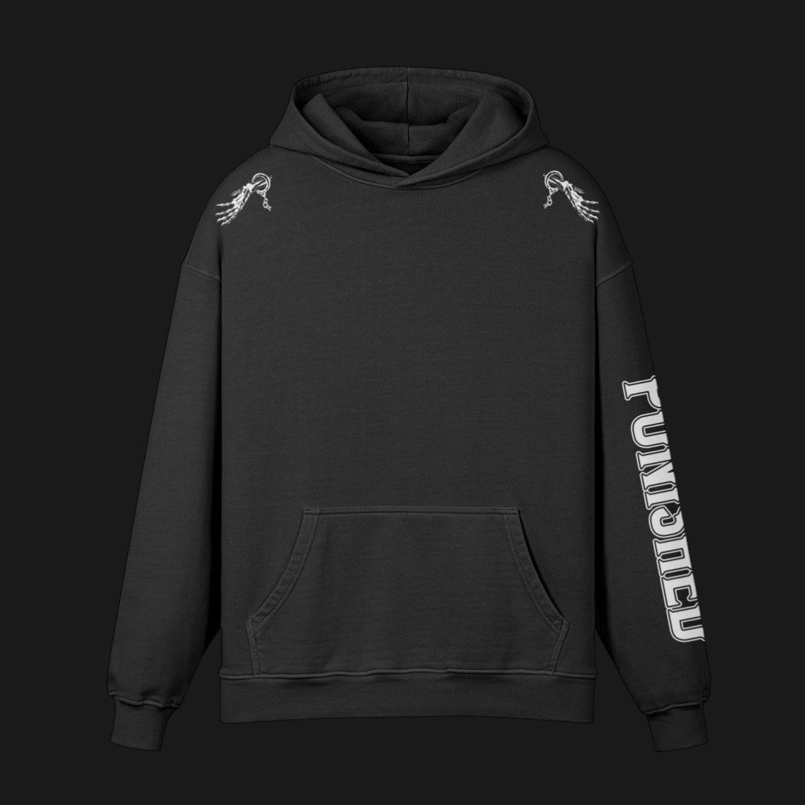 Black hoodie with white designs and text on a black background