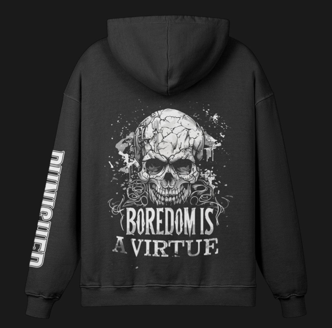 Black hoodie with skull design and text on the back against a black background