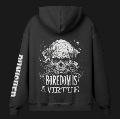 Black hoodie with skull design and text on the back against a black background